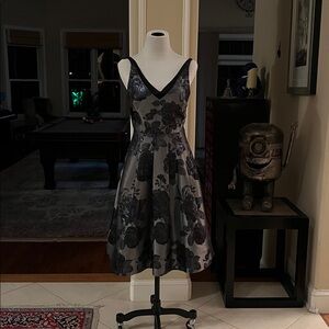 White House Black Market Silver and Black Floral Cocktail Dress with pockets.